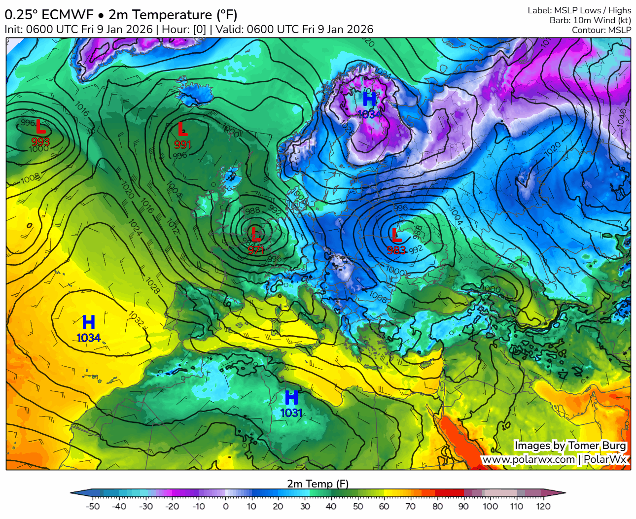 ECMWF minimum temperatures in Europe, 9–23 Jan 2026