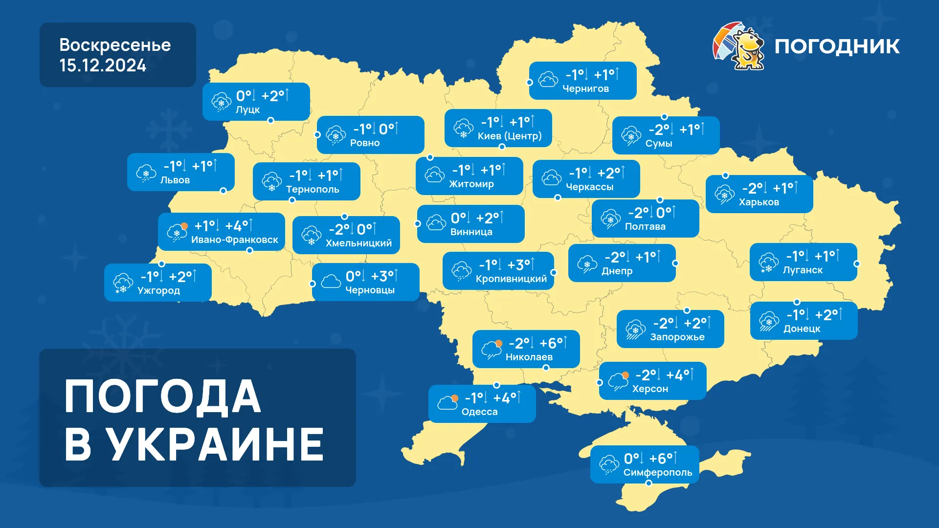 Сильные ночные заморозки до -14. Погода на три дня с 13 по 15 декабря.